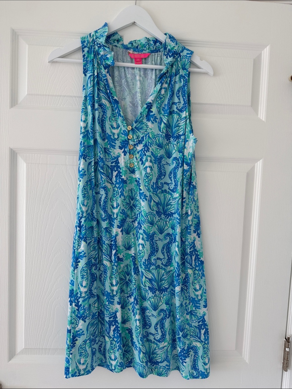 Lilly Pulitzer Blue and Aqua Seahorse Floral Sleeveless Mini Dress